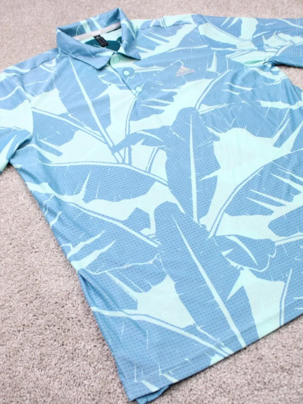 Adidas Golf Polo Shirt Mens Large Blue Palm Leaf Mesh Reverse Print Short Sleeve